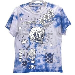 A-LAB Blue Tie Dye Graphic T-Shirt M Never Grow Up Skull Flower Skater Tee